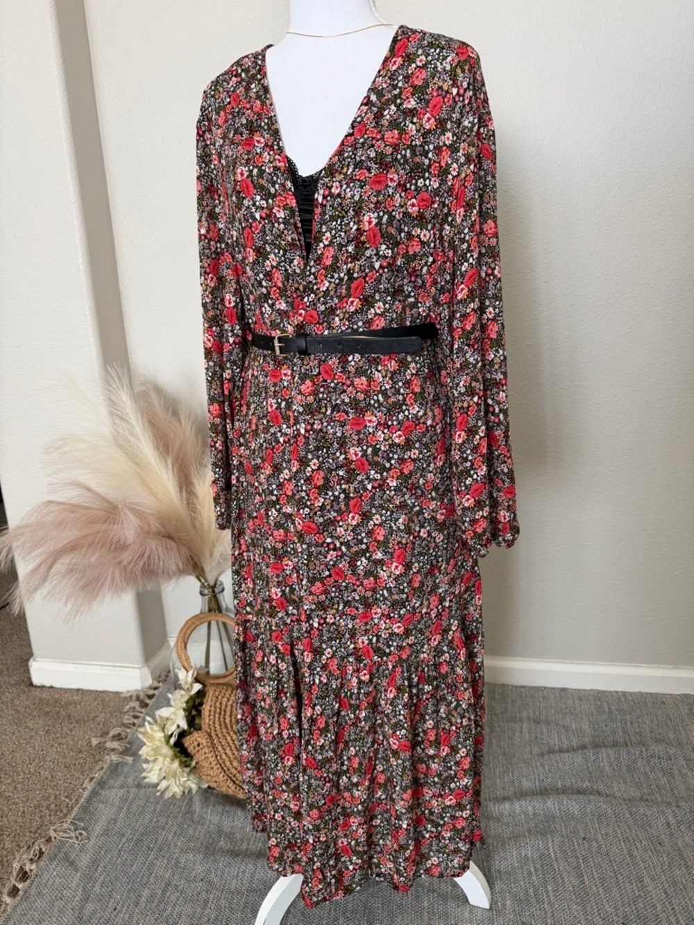 NWT Cottagecore Floral Duster Kimono - Black with Red & Green Floral